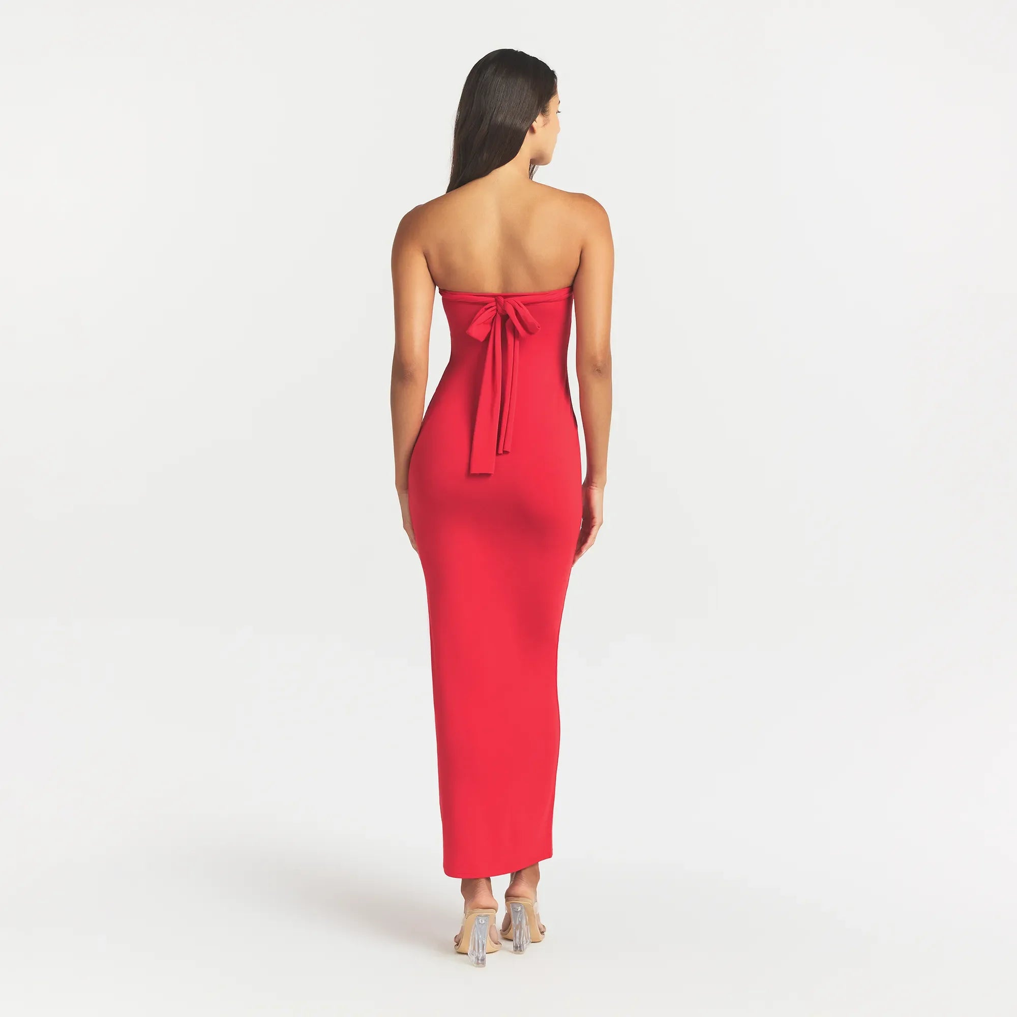 SMOOTH LAYERS CONVERTIBLE LONG DRESS | CARMINE ON A MODEL BACK VIEW @ | FOCUS: 0.0, 1.0, 0.9