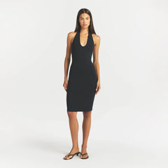 SMOOTH LAYERS HALTER MIDI DRESS | OBSIDIAN ON A MODEL FRONT VIEW @ | FOCUS: 0.0, 1.0, 0.9