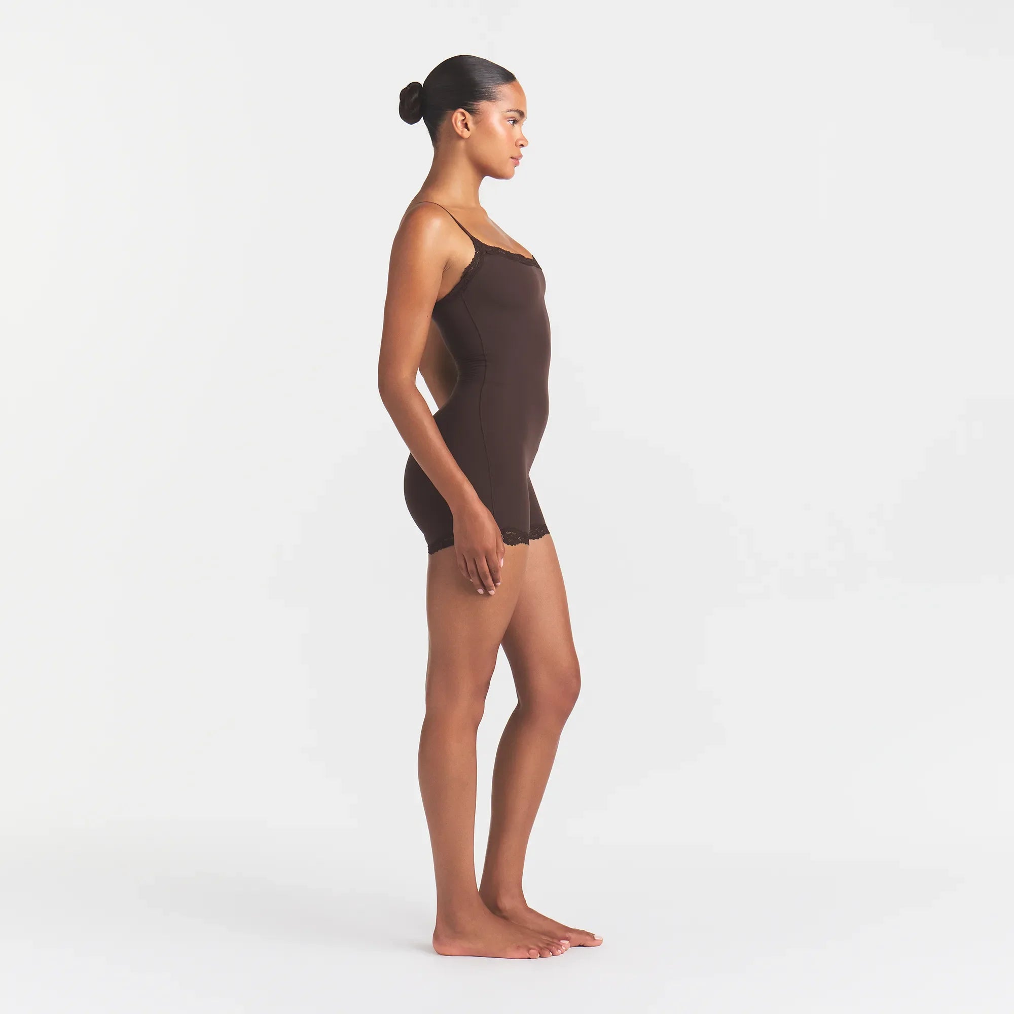 FITS EVERYBODY LACE ONESIE | ESPRESSO ON A MODEL | FOCUS: 0.0, 1.0, 0.9