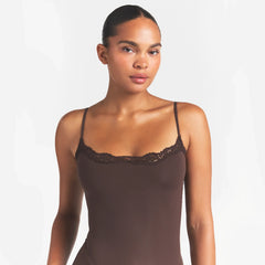 FITS EVERYBODY LACE ONESIE | ESPRESSO ON A MODEL | FOCUS: 0.0, 1.0, 0.9