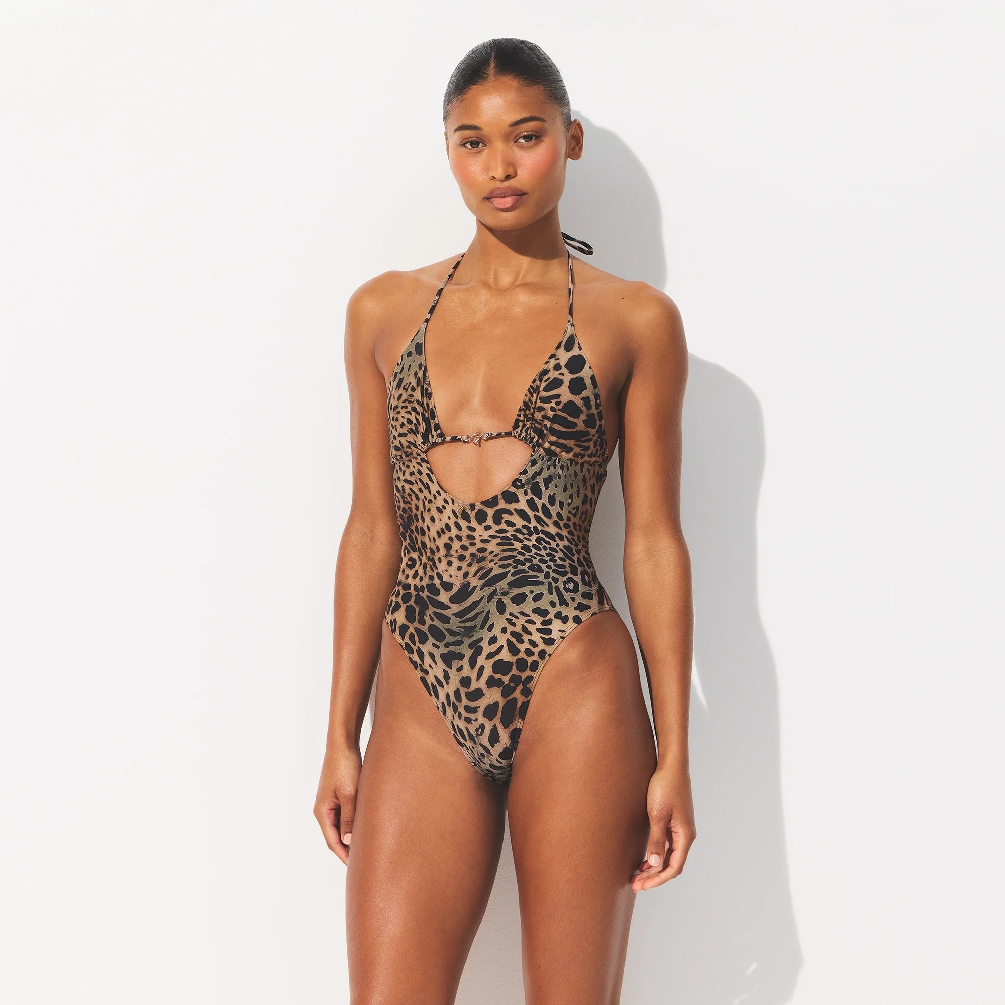 ICONIC SWIM HARDWARE ONE PIECE | CHEETAH SKIN PRINT ON A MODEL FRONT VIEW @ | FOCUS: 0.0, 1.0, 0.9
