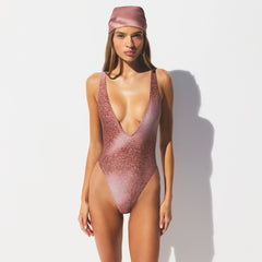 SIGNATURE SWIM PLUNGE ONE PIECE | HENNA FK OMBRE PRINT ON A MODEL SIDE VIEW 