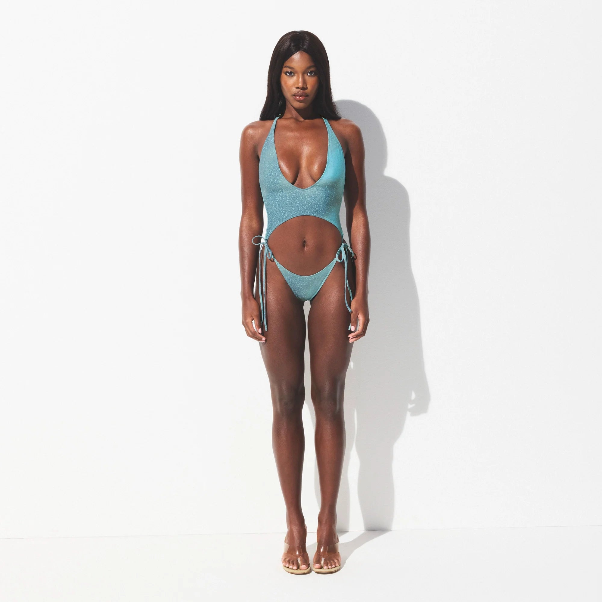 SIGNATURE SWIM PLUNGE MONOKINI | CYAN FK OMBRE PRINT ON A MODEL FRONT VIEW 