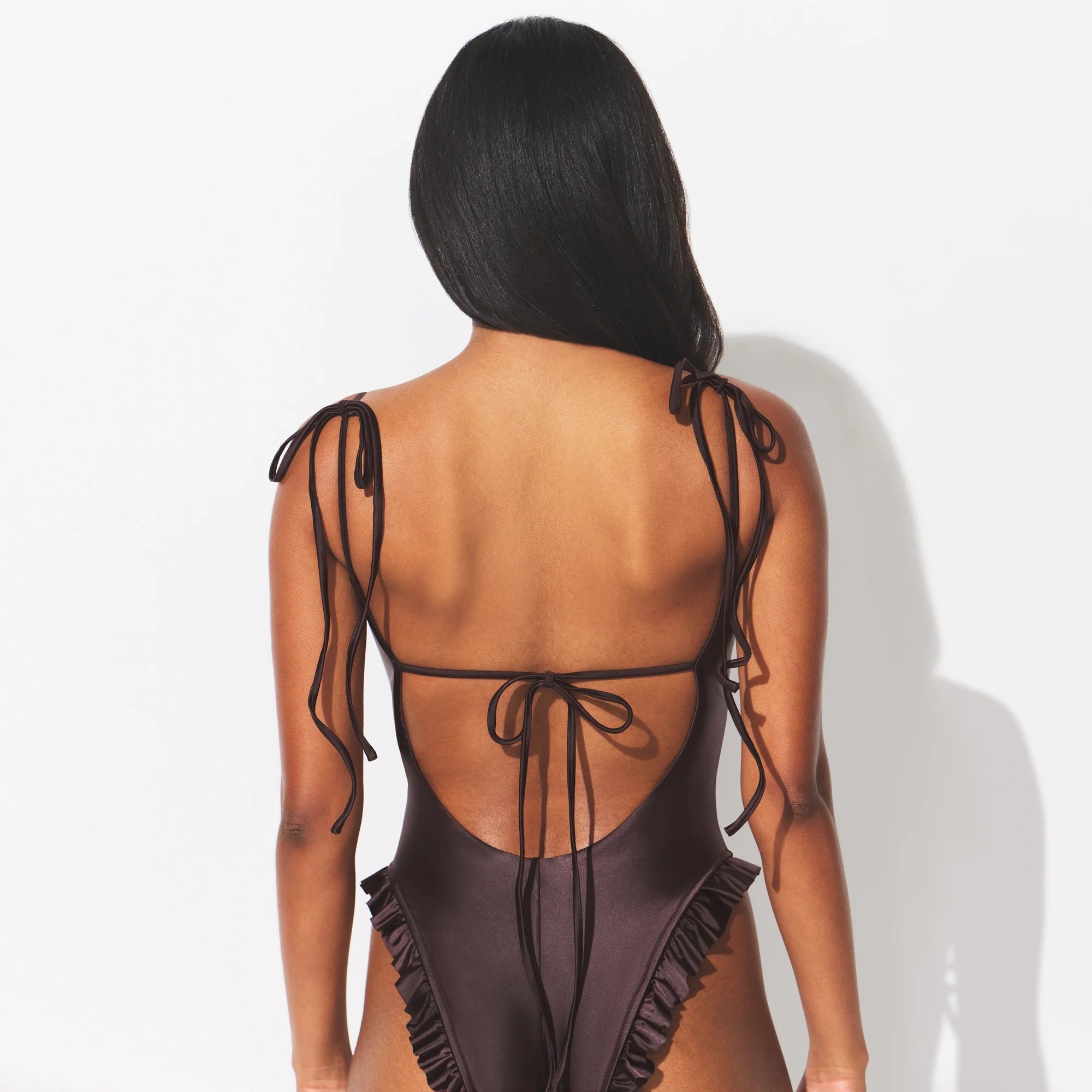 SATIN SWIM LOW BACK ONE PIECE | PHOENIX ON A MODEL SIDE VIEW 