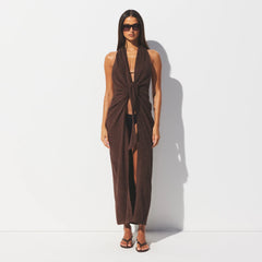 TERRY COVER-UPS DEEP PLUNGE HALTER WRAP DRESS | DARK SEPIA ON A MODEL FRONT VIEW @ | FOCUS: 0.0, 1.0, 0.9 
