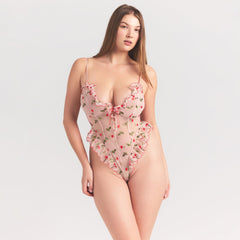 EMBROIDERED TULLE GARTER TEDDY | PRIMROSE CHERRY TULLE ON A MODEL SIDE VIEW @ | FOCUS: 0.0, 1.0, 0.9