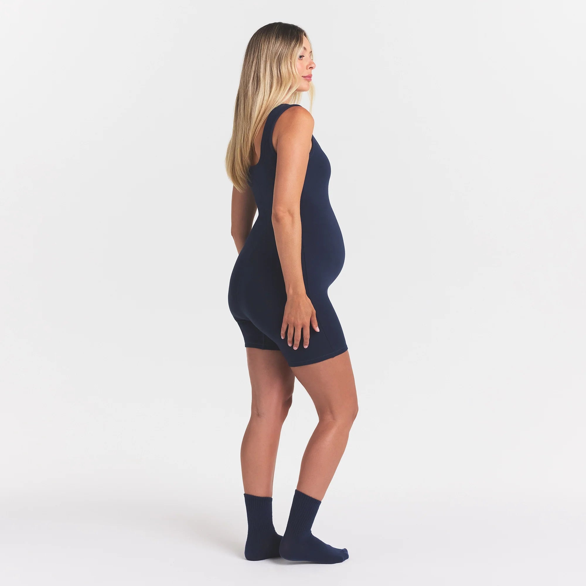 COTTON JERSEY MATERNITY ONESIE | NAVY ON A MODEL FRONT VIEW