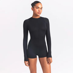 NikeSKIMS AIRY CREWNECK LONG SLEEVE ONE PIECE | OBSIDIAN ON A MODEL SIDE VIEW @ | FOCUS: 0.0, 1.0, 0.9