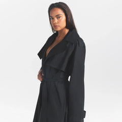 WOVEN COTTON OVERSIZED TRENCH COAT | ONYX ON A MODEL SIDE VIEW @ | FOCUS: 0.0, 1.0, 0.9