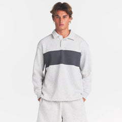 FLEECE LOUNGE MENS RUGBY POLO | LIGHT HEATHER GREY ON A MODEL | FOCUS: 0.0, 1.0, 0.9