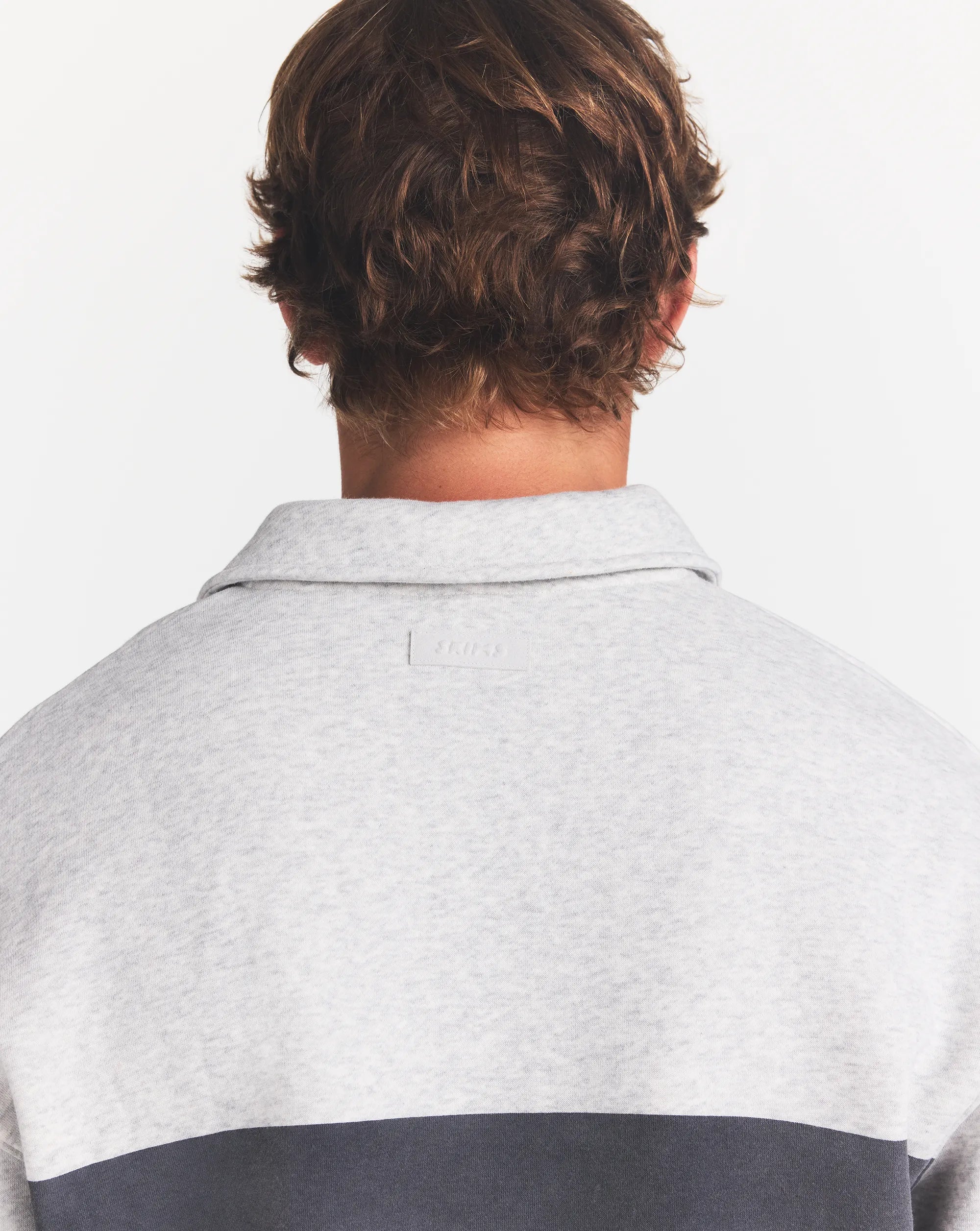 FLEECE LOUNGE MENS RUGBY POLO | LIGHT HEATHER GREY ON A MODEL | FOCUS: 0.0, 1.0, 0.9