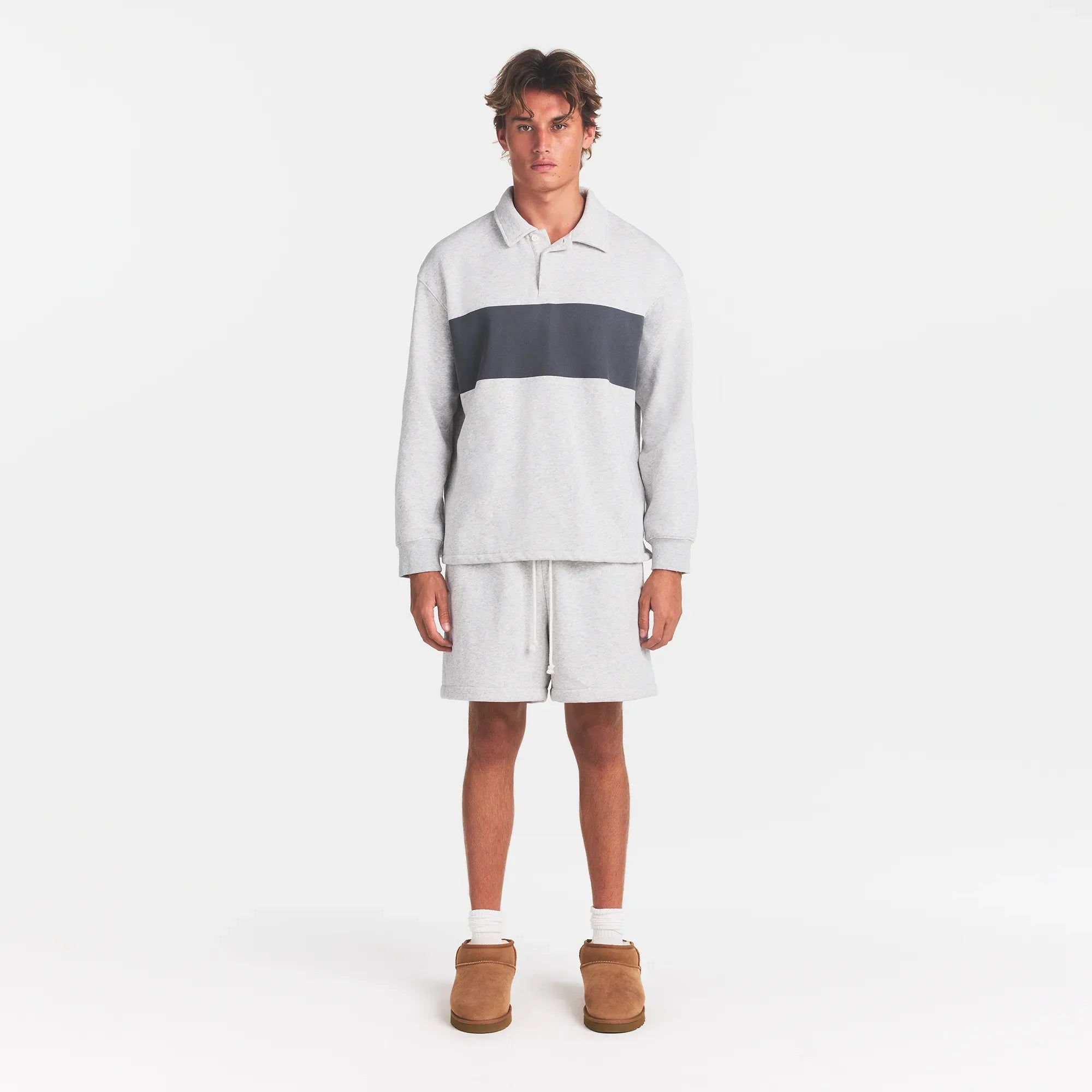 FLEECE LOUNGE MENS RUGBY POLO | LIGHT HEATHER GREY ON A MODEL | FOCUS: 0.0, 1.0, 0.9