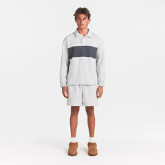 FLEECE LOUNGE MENS RUGBY POLO | LIGHT HEATHER GREY ON A MODEL | FOCUS: 0.0, 1.0, 0.9
