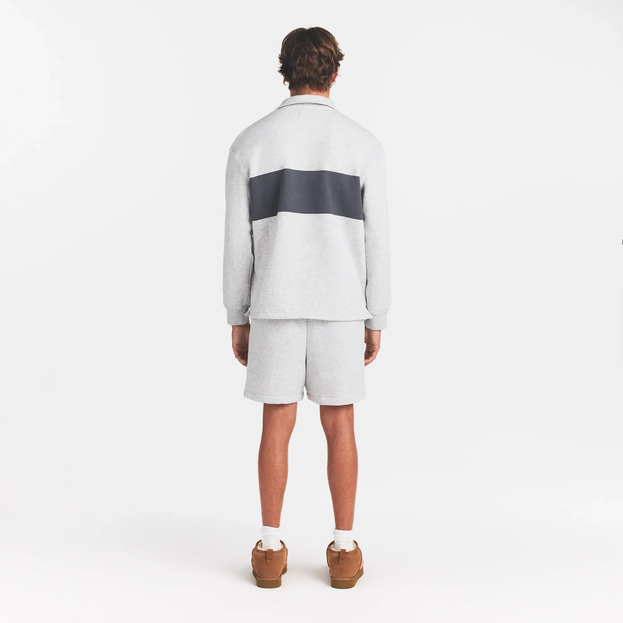 FLEECE LOUNGE MENS RUGBY POLO | LIGHT HEATHER GREY ON A MODEL | FOCUS: 0.0, 1.0, 0.9