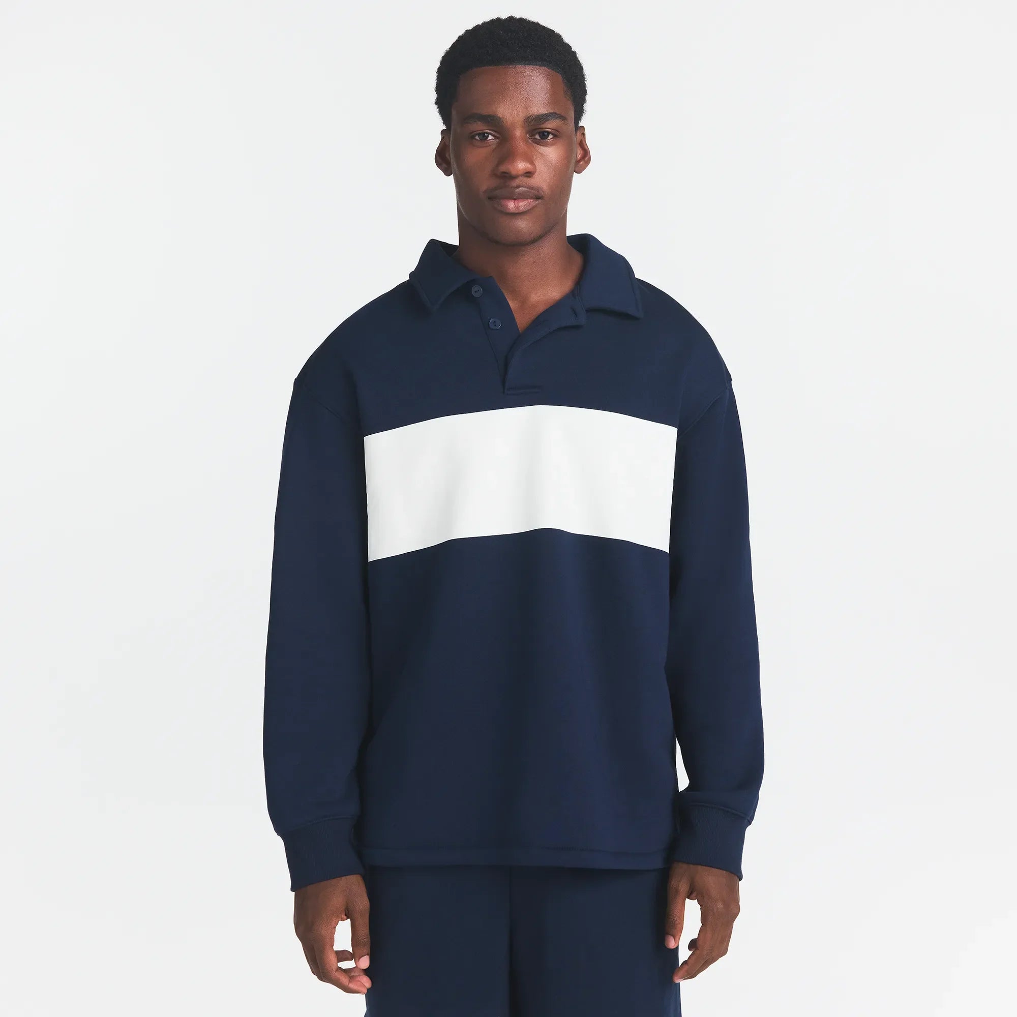 FLEECE LOUNGE MENS RUGBY POLO | NAVY ON A MODEL FRONT VIEW @ | FOCUS: 0.0, 1.0, 0.9
