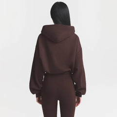 COTTON FLEECE CROPPED HOODIE | ESPRESSO ON A MODEL SIDE VIEW @ | FOCUS: 0.0, 1.0, 0.9