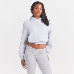 COTTON FLEECE CROPPED HOODIE | LIGHT HEATHER GREY ON A MODEL SIDE VIEW @ | FOCUS: 0.0, 1.0, 0.9