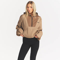 WOVEN COTTON HALF ZIP PULLOVER | DESERT ON A MODEL SIDE VIEW @ | FOCUS: 0.0, 1.0, 0.9