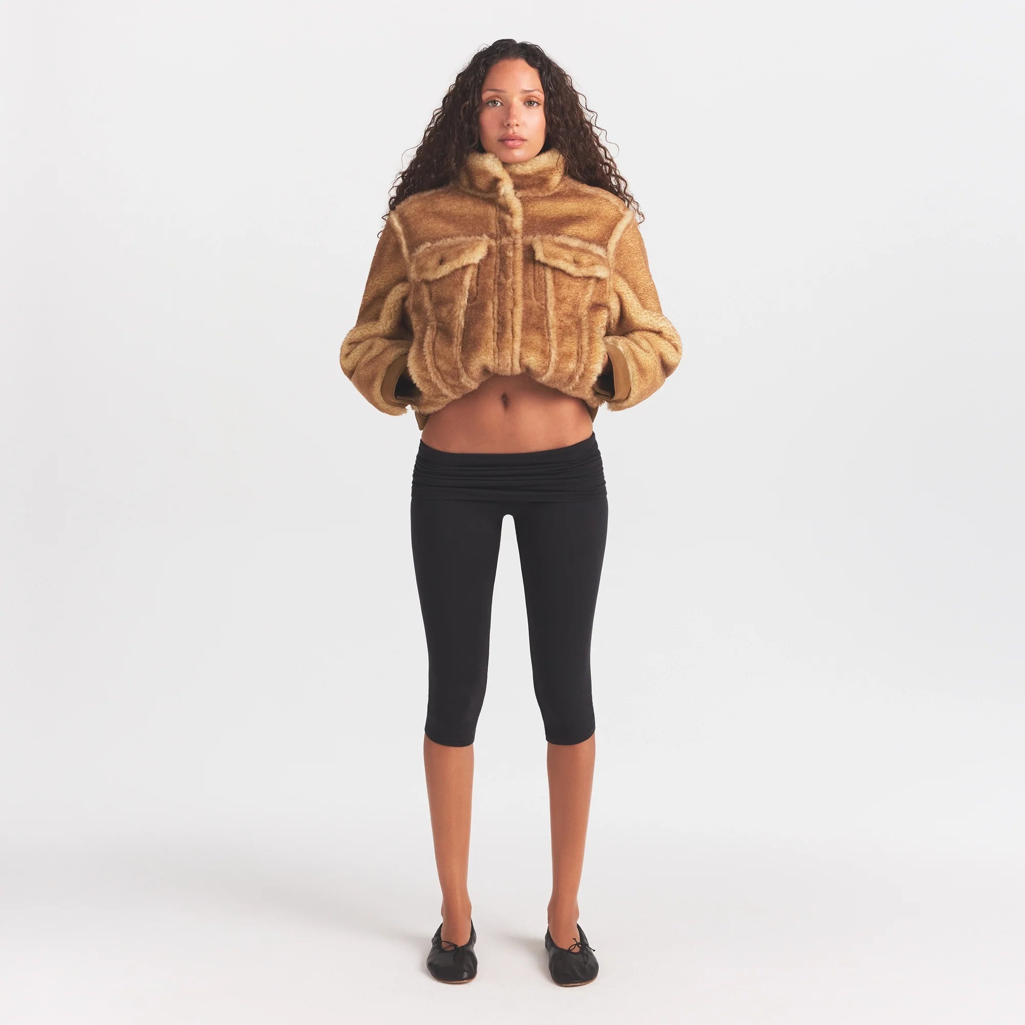 FAUX SHEARLING JACKET | TOASTED LATTE ON A MODEL FRONT VIEW @ | FOCUS: 0.0, 1.0, 0.9