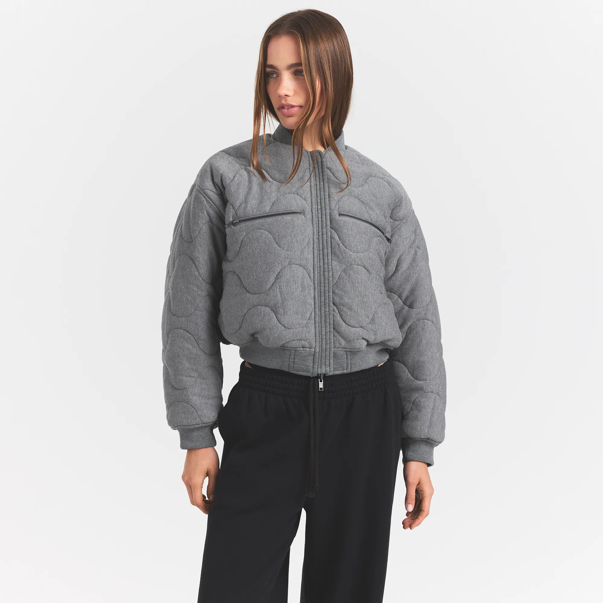NEOPRENE OUTERWEAR REVERSIBLE BOMBER JACKET | DARK HEATHER GREY ON A MODEL FRONTVIEW @ | FOCUS: 0.0, 1.0, 0.9