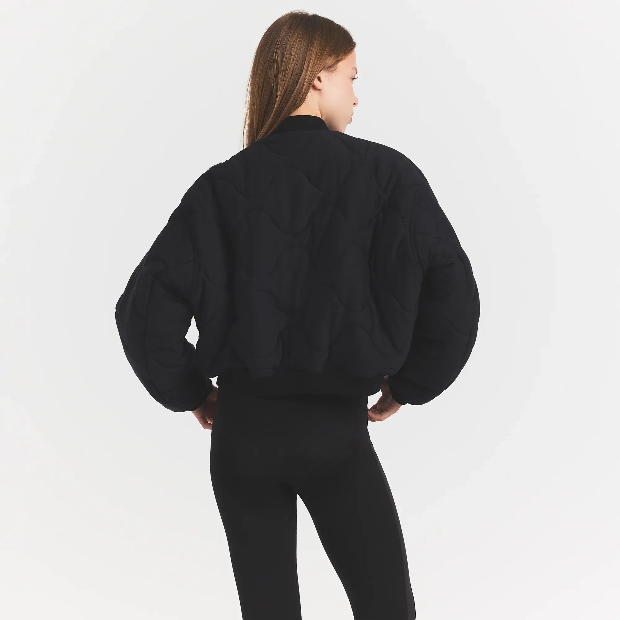 NEOPRENE OUTERWEAR REVERSIBLE BOMBER JACKET | OBSIDIAN ON A MODEL BACKVIEW @ | FOCUS: 0.0, 1.0, 0.9