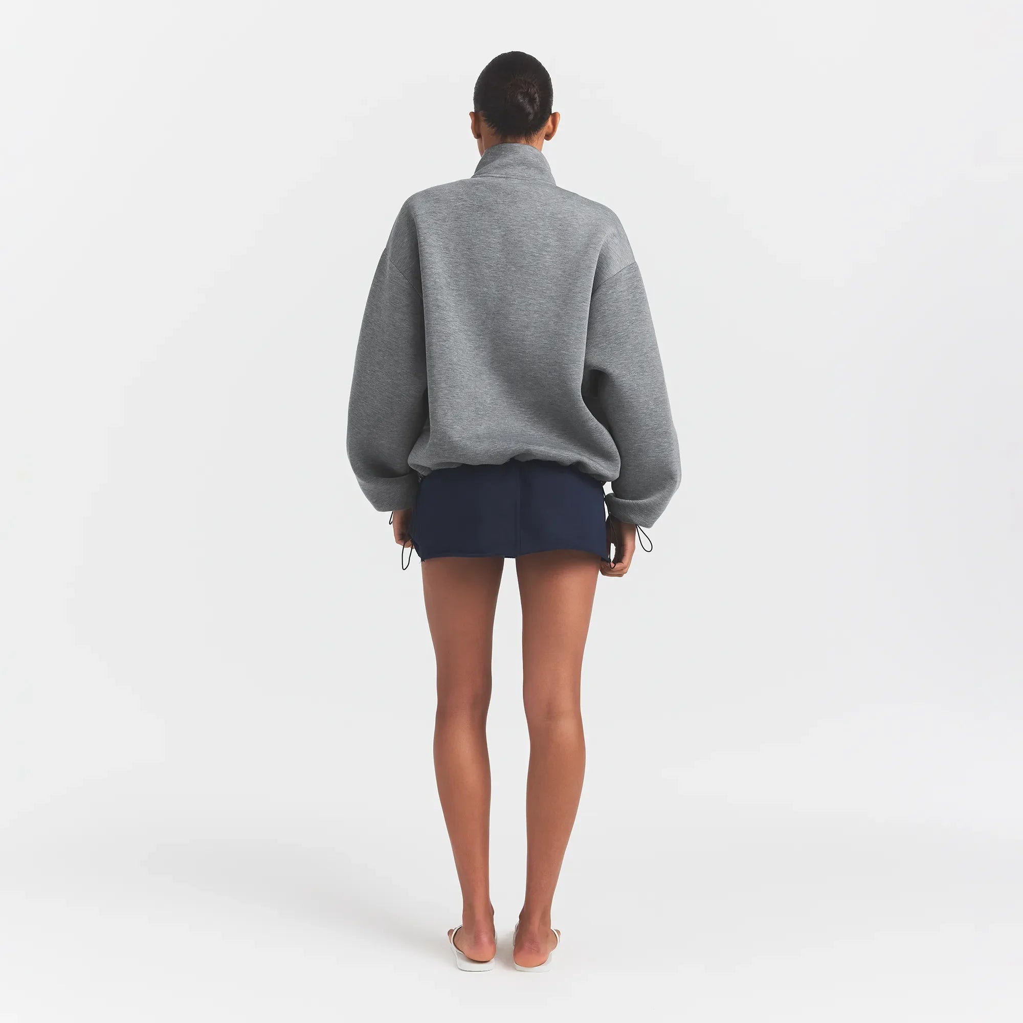 NEOPRENE OUTERWEAR OVERSIZED MOCK NECK JACKET | DARK HEATHER GREY ON A MODEL BACKVIEW @ | FOCUS: 0.0, 1.0, 0.9