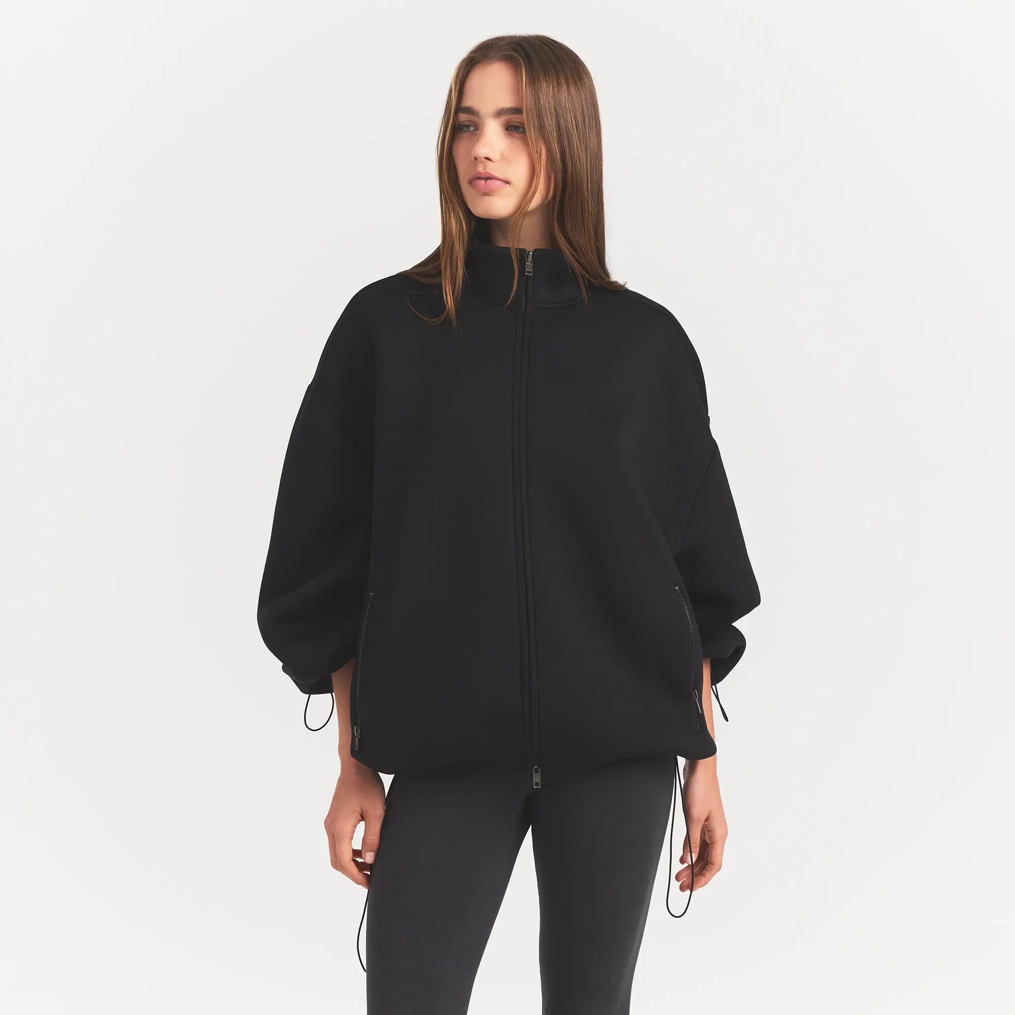 NEOPRENE OUTERWEAR OVERSIZED MOCK NECK JACKET | OBSIDIAN ON A MODEL FRONT VIEW @ | FOCUS: 0.0, 1.0, 0.9