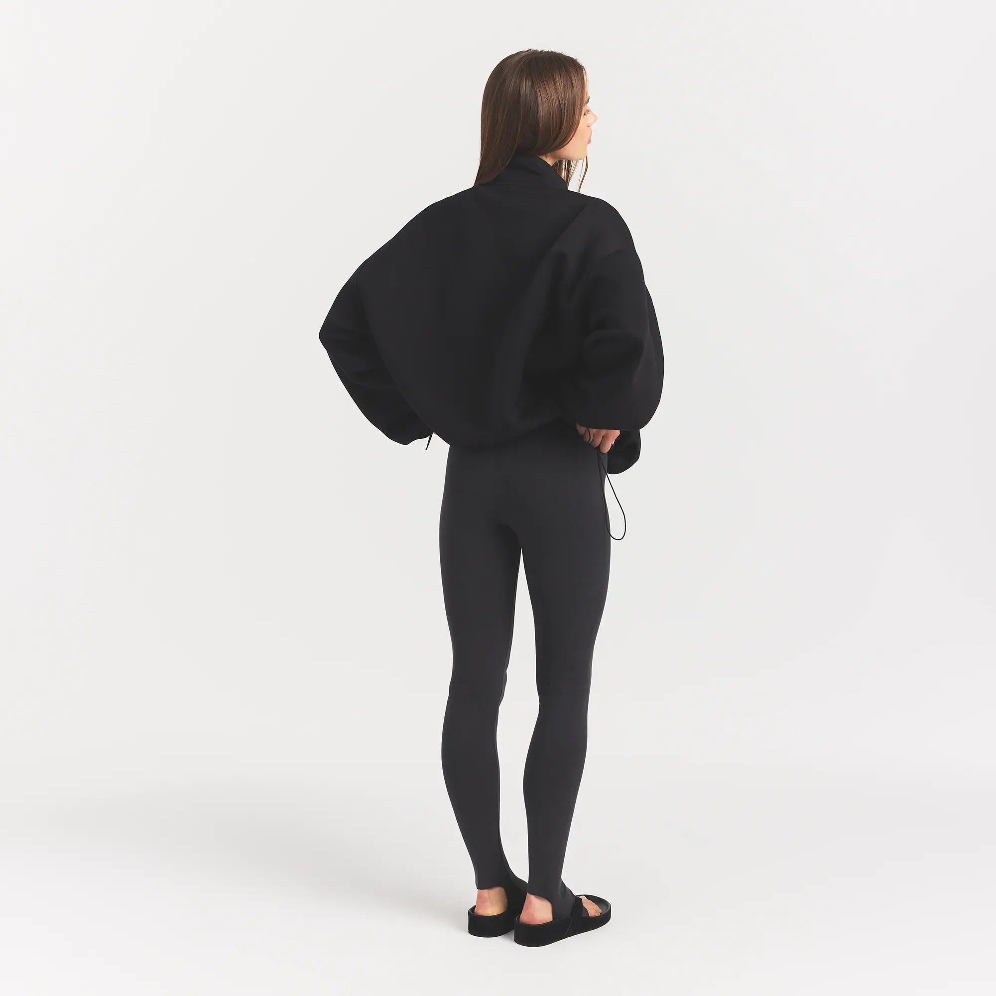NEOPRENE OUTERWEAR OVERSIZED MOCK NECK JACKET | OBSIDIAN ON A MODEL BACK VIEW @ | FOCUS: 0.0, 1.0, 0.9
