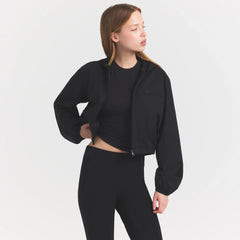 WOVEN COTTON CROPPED ZIP UP JACKET | ONYX ON A MODEL SIDE VIEW @ | FOCUS: 0.0, 1.0, 0.9