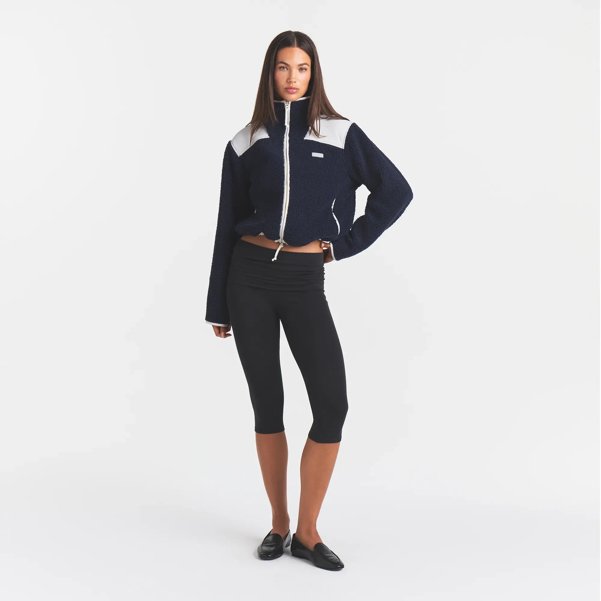 TEDDY BOXY ZIP UP JACKET | NAVY ON A MODEL | FOCUS: 0.0, 1.0, 0.9
