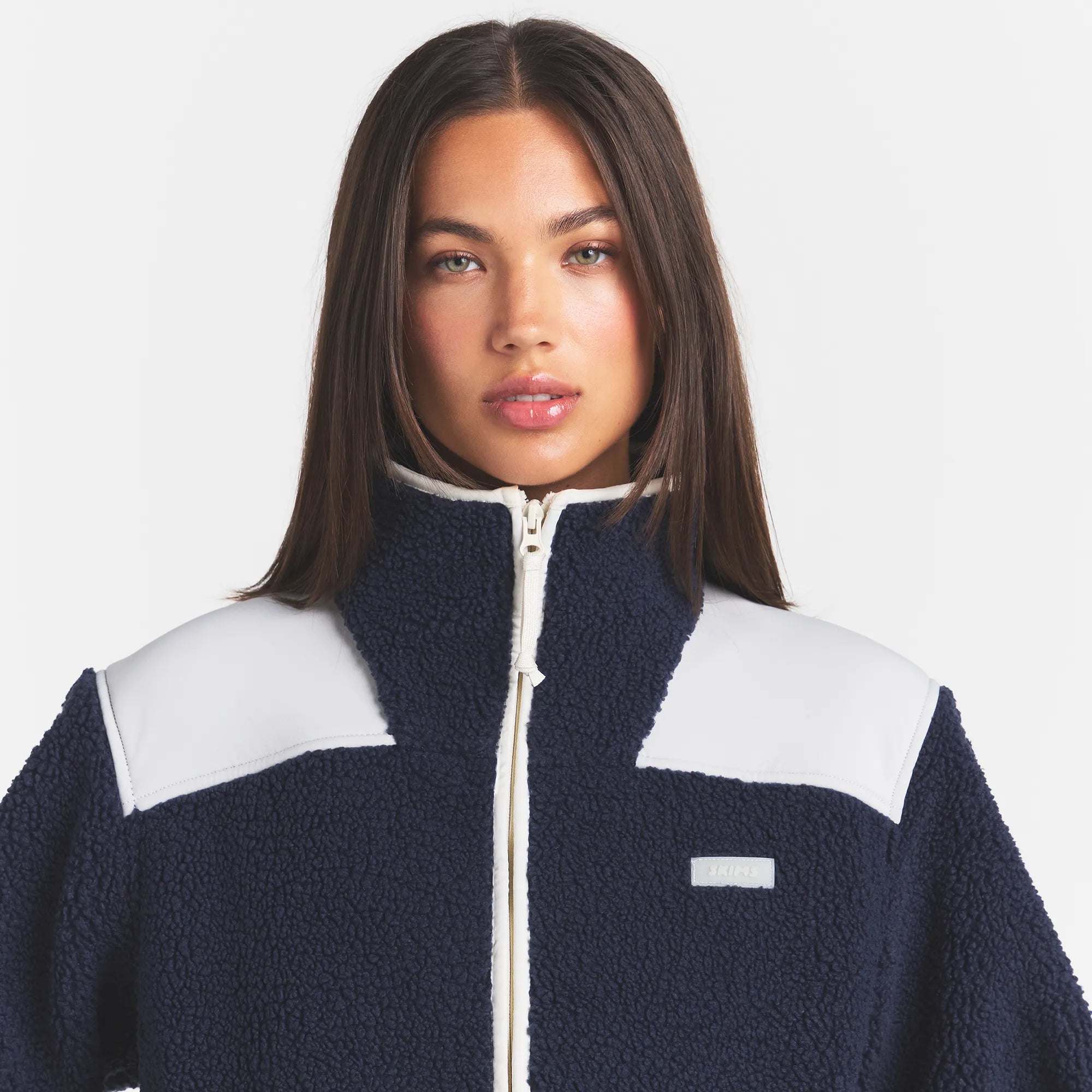 TEDDY BOXY ZIP UP JACKET | NAVY ON A MODEL | FOCUS: 0.0, 1.0, 0.9
