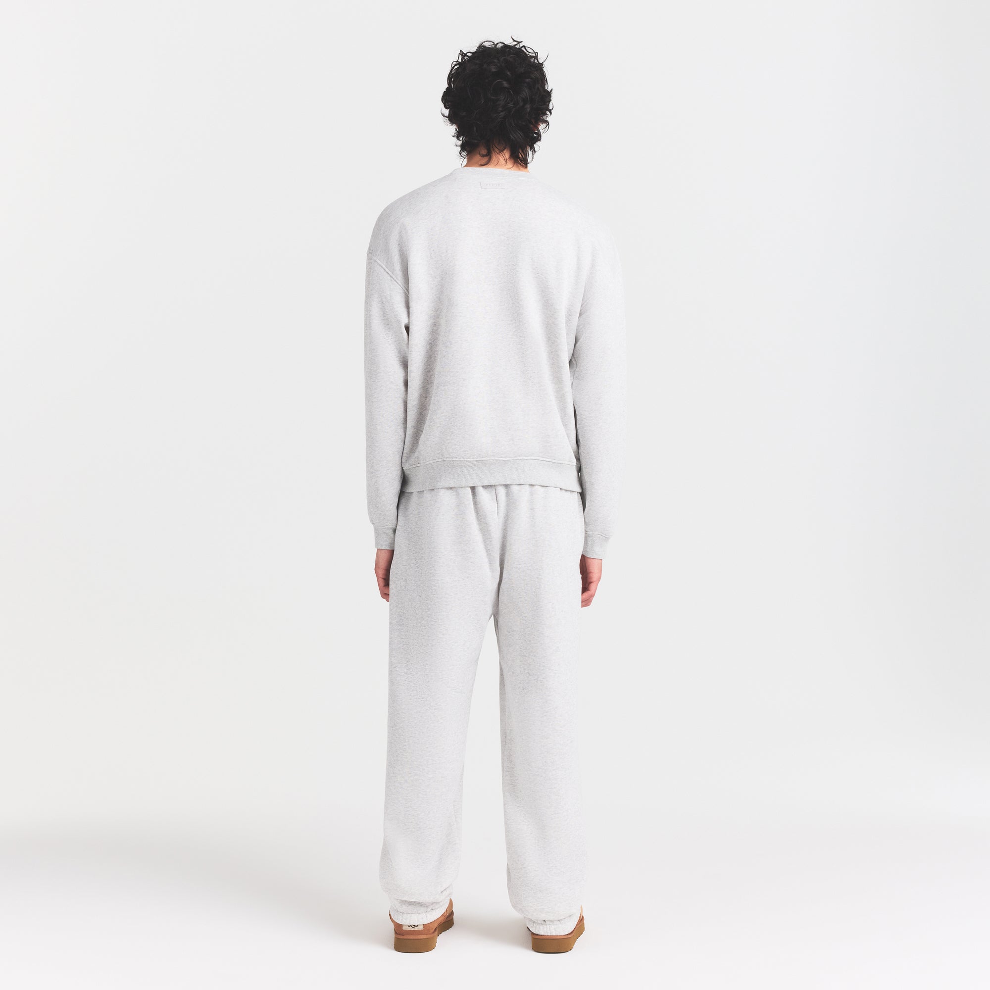 FLEECE LOUNGE MENS RELAXED HIGH CREWNECK | LIGHT HEATHER GREY ON A MODEL FRONT VIEW @ | FOCUS: 0.0, 1.0, 0.9