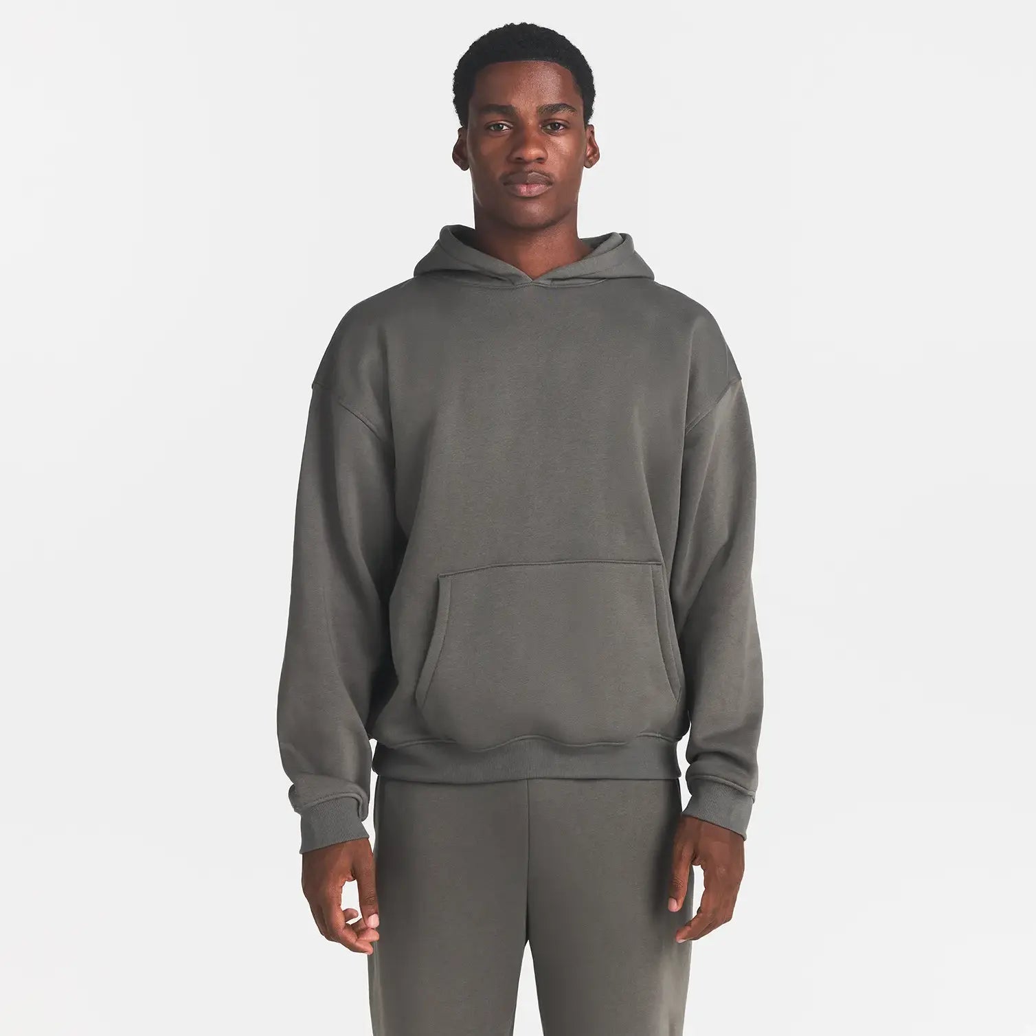 FLEECE LOUNGE MENS RELAXED HOODIE | JUNGLE ON A MODEL FRONT VIEW @ | FOCUS: 0.0, 1.0, 0.9