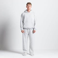 FLEECE LOUNGE MENS RELAXED HOODIE | LIGHT HEATHER GREY ON A MODEL FRONT VIEW @ | FOCUS: 0.0, 1.0, 0.9