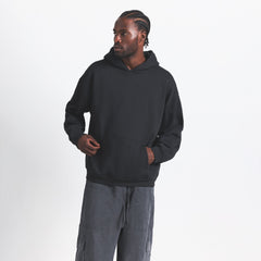 FLEECE LOUNGE MENS RELAXED HOODIE | WASHED ONYX ON A MODEL FRONT VIEW @ | FOCUS: 0.0, 1.0, 0.9