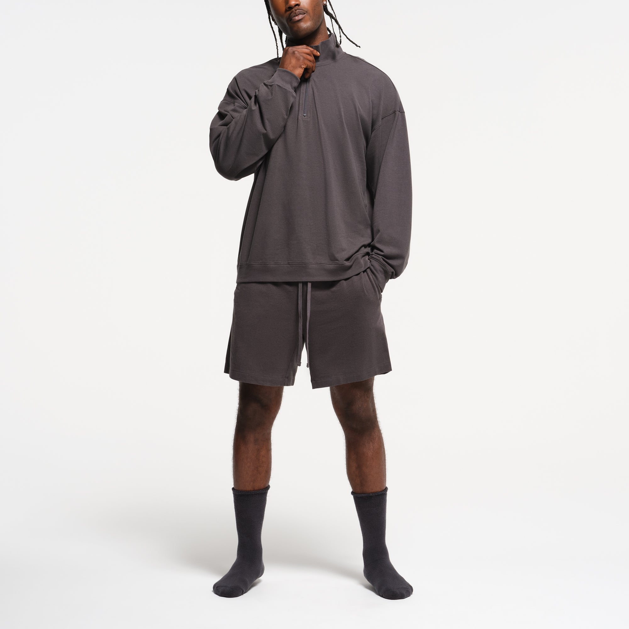 JERSEY LOUNGE MENS RELAXED QUARTER ZIP PULLOVER | ASH ON A MODEL FRONT VIEW