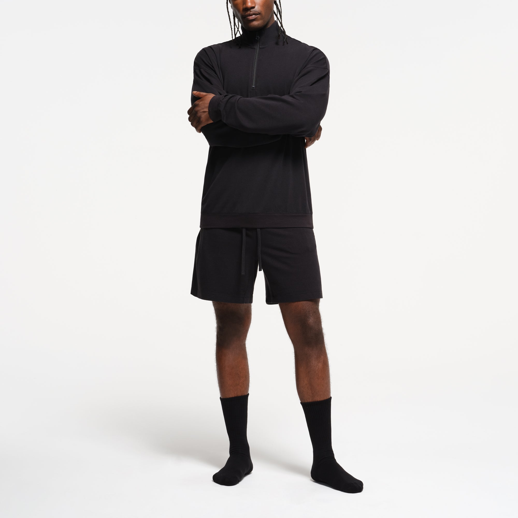 JERSEY LOUNGE MENS RELAXED QUARTER ZIP PULLOVER | OBSIDIAN ON A MODEL FRONT VIEW