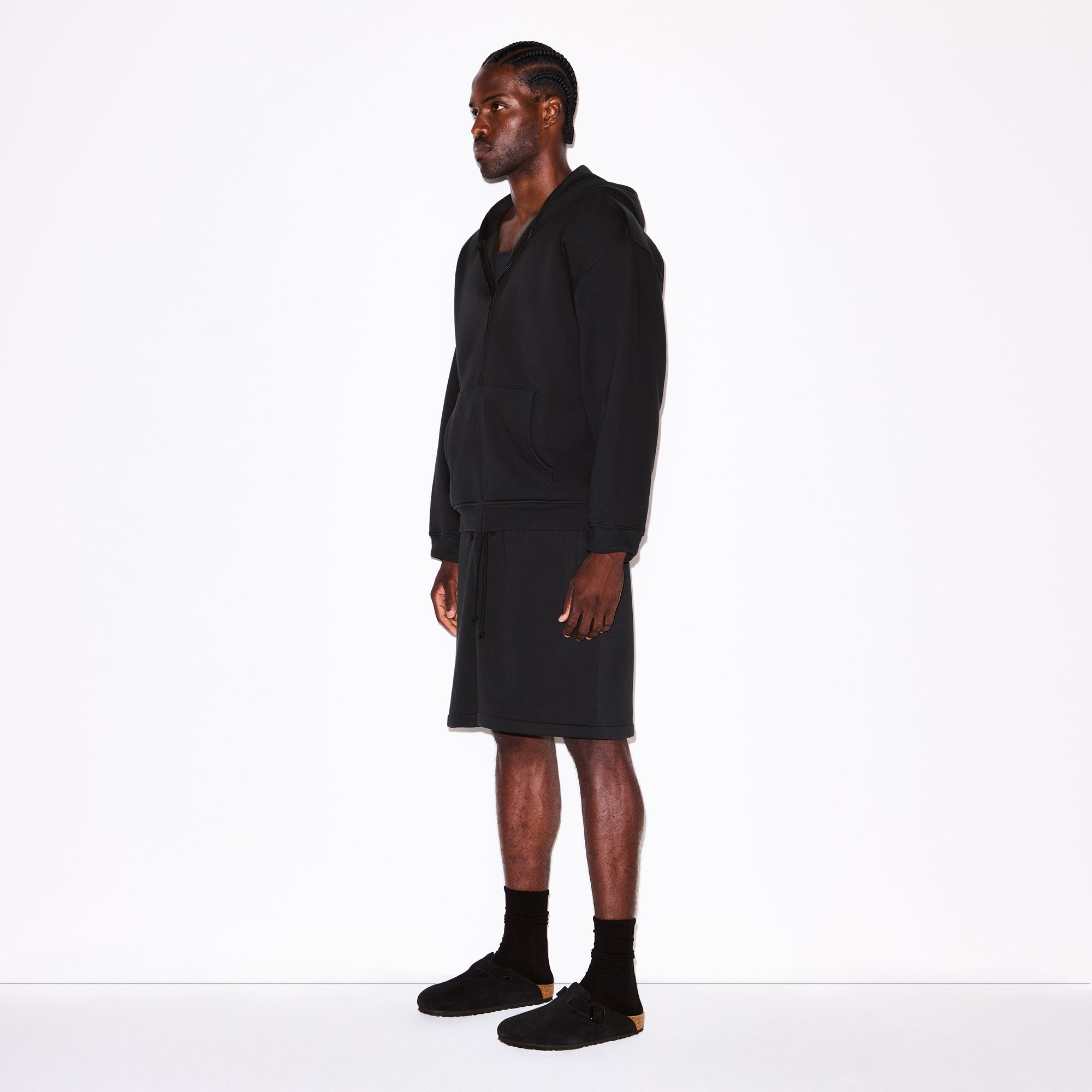 FLEECE LOUNGE MENS RELAXED ZIP UP HOODIE | WASHED ONYX ON A MODEL FRONT VIEW @ | FOCUS: 0.0, 1.0, 0.9