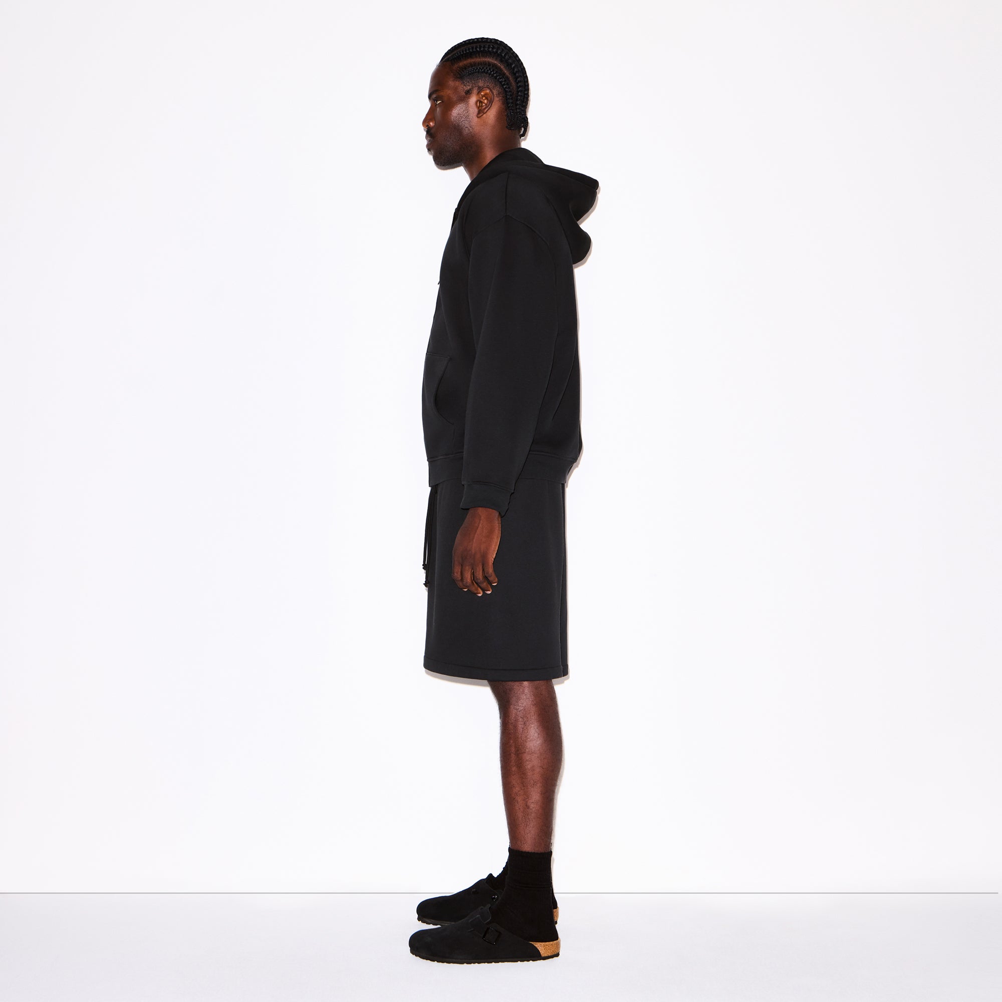 FLEECE LOUNGE MENS RELAXED ZIP UP HOODIE | WASHED ONYX ON A MODEL FRONT VIEW @ | FOCUS: 0.0, 1.0, 0.9