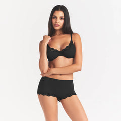 FITS EVERYBODY LACE BOY SHORT | ONYX & LAYS FLAT ON A WHITE BACKGROUND | FOCUS: 0.0, 1.0, 0.9