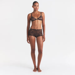 STRETCH LACE BOY SHORT | ESPRESSO ON A MODEL FRONT VIEW @ | FOCUS: 0.0, 1.0, 0.9