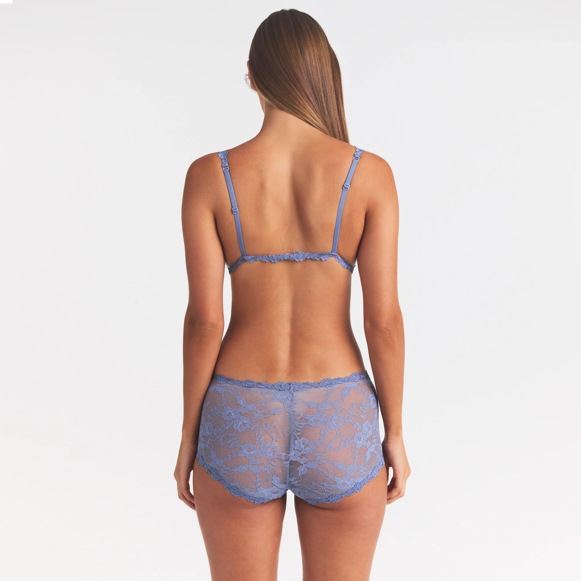 STRETCH LACE BOY SHORT | SLATE ON A MODEL SIDE VIEW @ | FOCUS: 0.0, 1.0, 0.9