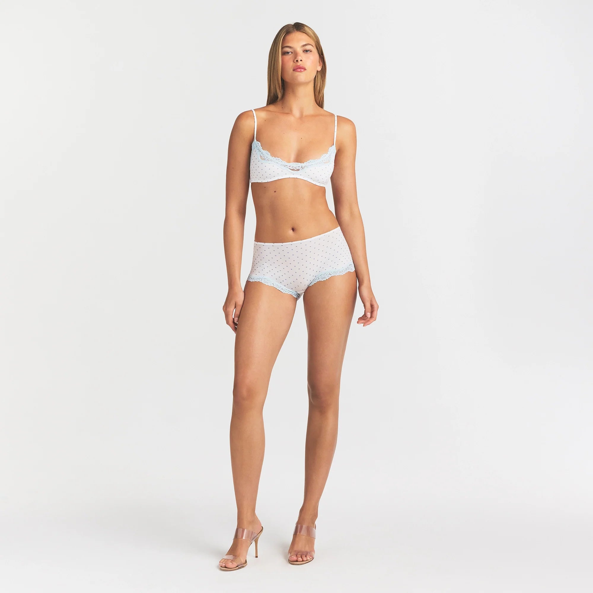 FITS EVERYBODY LACE BOY SHORT | SLATE PIN DOT PRINT ON A MODEL FRONT VIEW @ | FOCUS: 0.0, 1.0, 0.9