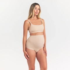 FITS EVERYBODY MATERNITY HIGH-WAISTED BRIEF | SAND ON A MODEL FRONT VIEW @ | FOCUS: 0.0, 1.0, 0.9