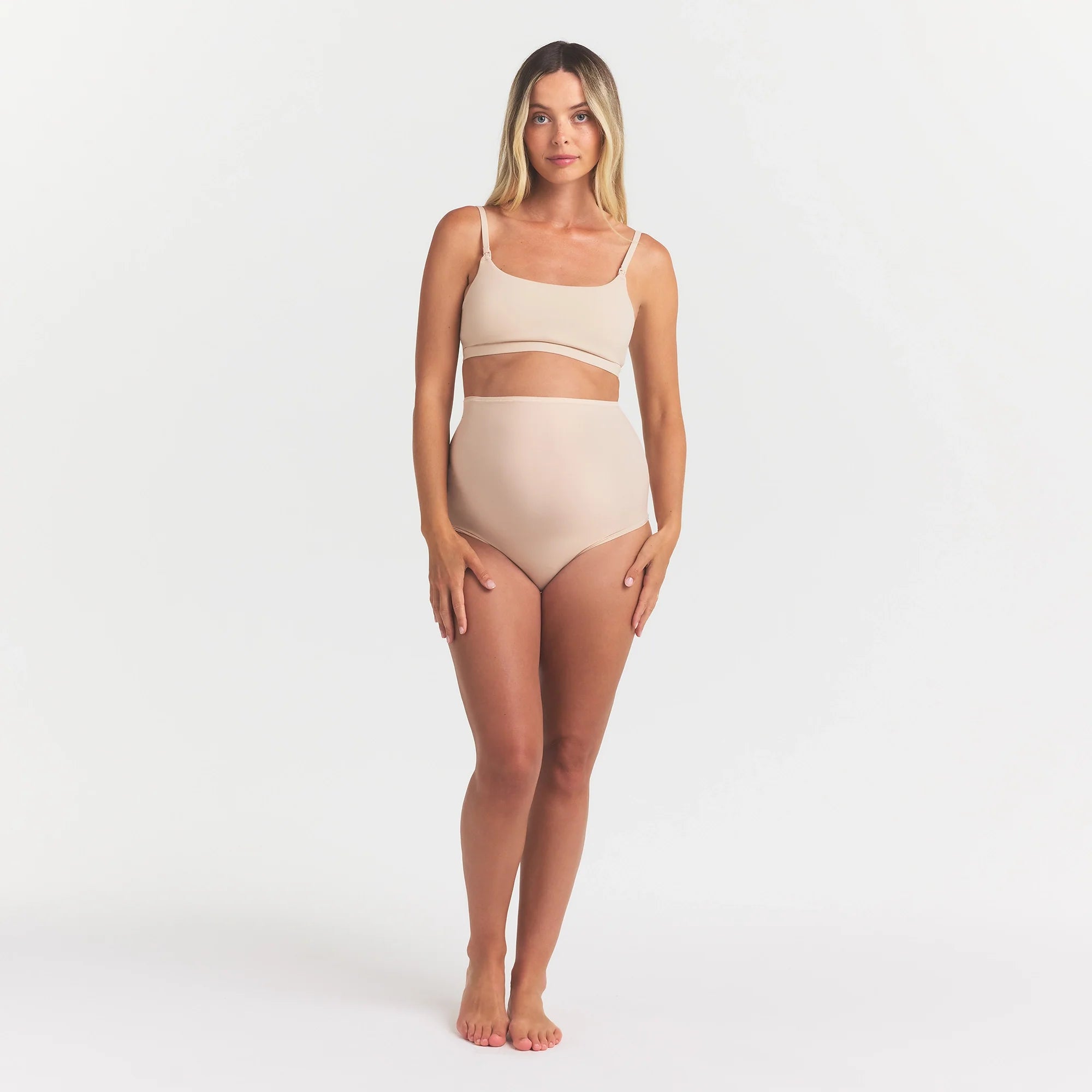 FITS EVERYBODY MATERNITY HIGH-WAISTED BRIEF | SAND ON A MODEL FRONT VIEW @ | FOCUS: 0.0, 1.0, 0.9