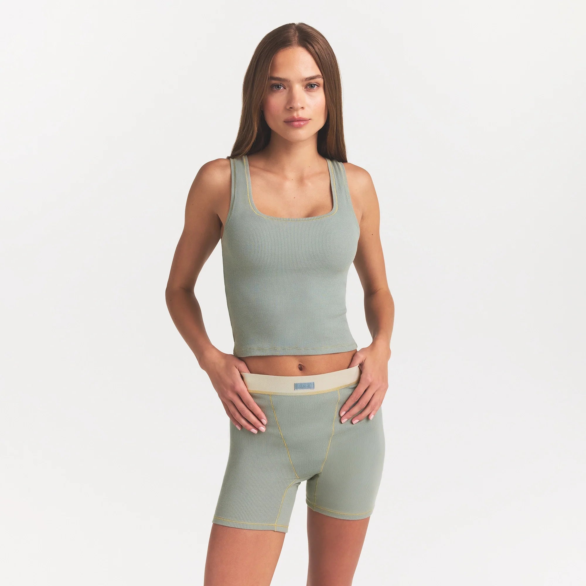 COTTON RIB BOXER | MINERAL ON A MODEL FRONT VIEW @ | FOCUS: 0.0, 1.0, 0.9