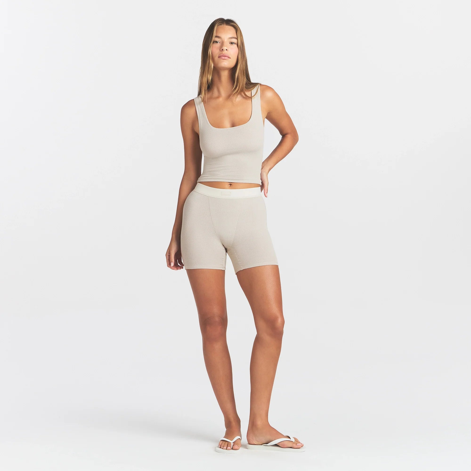 COTTON RIB BOXER | STONE ON A MODEL FRONT VIEW @ | FOCUS: 0.0, 1.0, 0.9