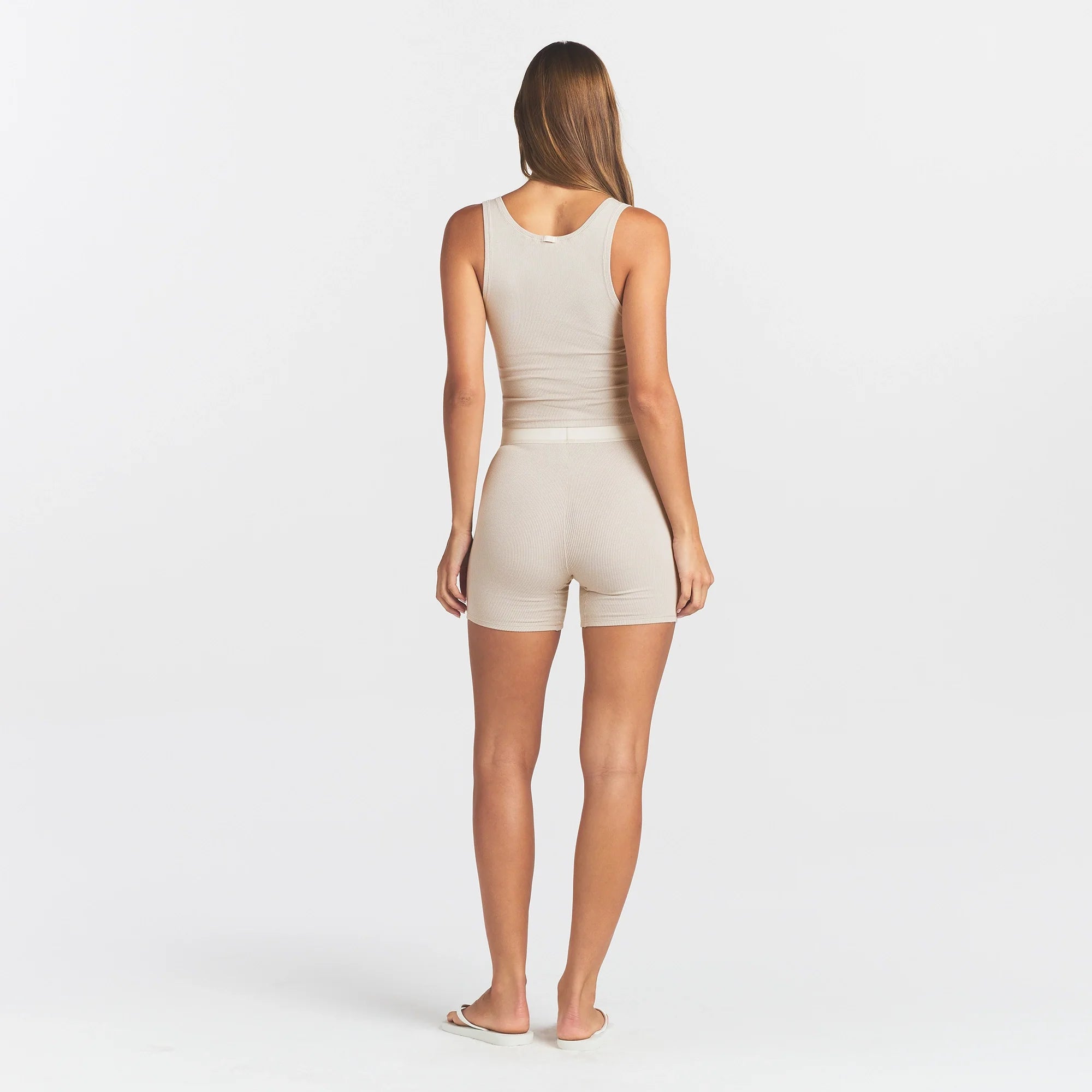COTTON RIB BOXER | STONE ON A MODEL BACK VIEW @ | FOCUS: 0.0, 1.0, 0.9