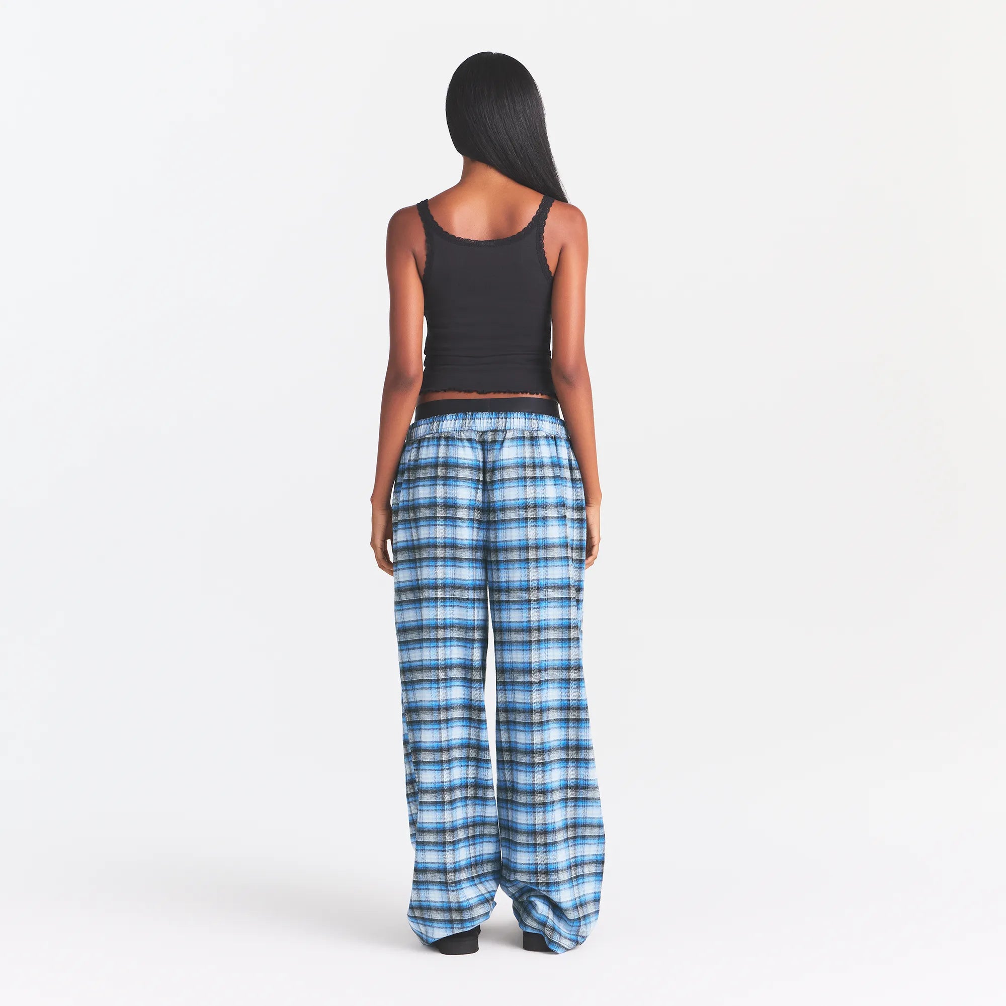 OUTDOOR FLANNEL OVERSIZED DOUBLE WAISTBAND PANT | AZURE PLAID & LAYS FLAT ON A WHITE BACKGROUND | FLT
