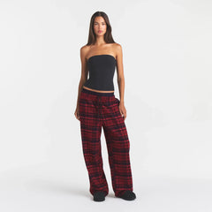 OUTDOOR FLANNEL OVERSIZED DOUBLE WAISTBAND PANT | MERLOT CABIN PLAID ON A MODEL | FOCUS: 0.0, 1.0, 0.9
